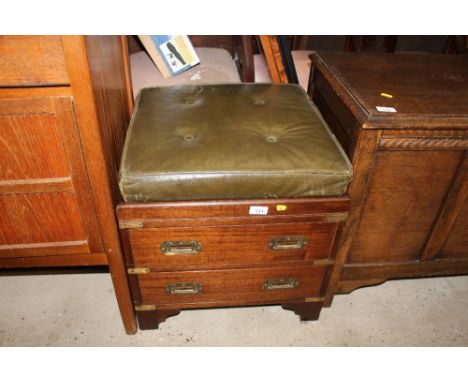 A military style leather topped stool fitted with two drawers 