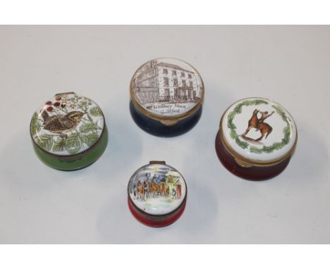 Two Staffordshire enamel and two other enamel boxes and covers 