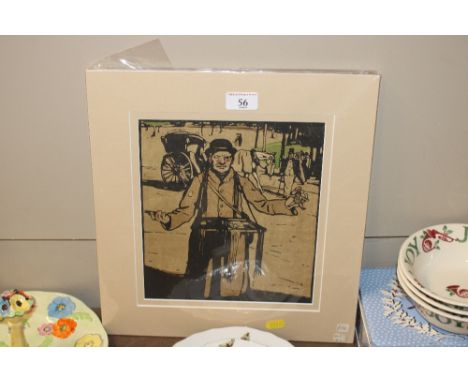 A coloured print of a Victorian street vendor, labelled Kensington to the reverse, (unframed)