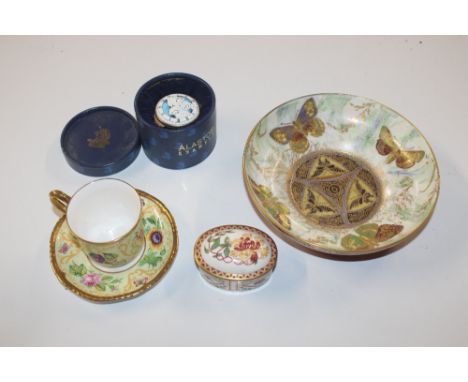 An Aynsley lustre butterfly decorated bowl; an Alistair enamel box; a Royal Crown Derby "Honeysuckle" pattern box and cover a