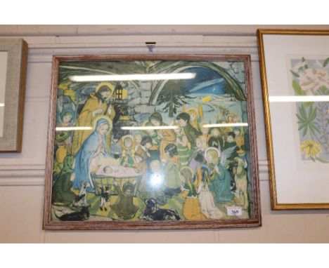 A coloured print of "the Nativity" in limed oak frame 