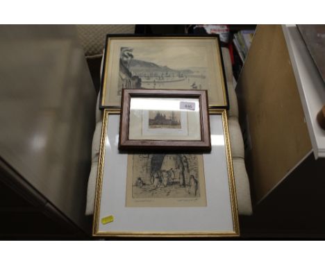 Two pencil signed etchings and a coloured print of Torquay Devon