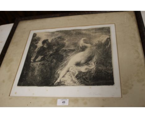 A FRAMED AND GLAZED BLACK AND WHITE PRINT DEPICTING A NUDE