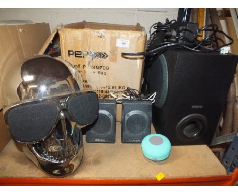A QUANTITY OF SPEAKERS TO INCLUDE A NOVELTY SKULL SPEAKER