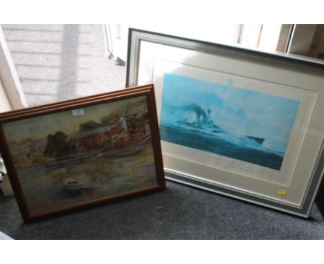A VINTAGE OAK FRAMED WATERCOLOUR DEPICTING A HARBOUR SCENE TOGETHER WITH A SIGNED LTD EDITION SHIP PRINT 