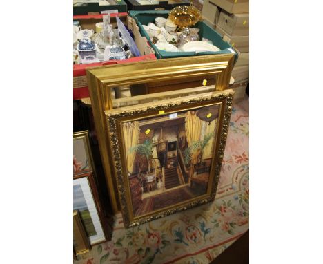 A MODERN GILT FRAMED WALL MIRROR TOGETHER WITH A PRINT