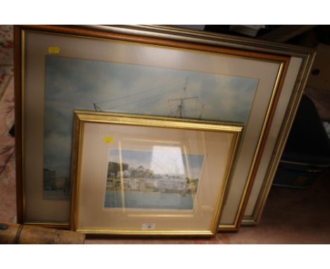 THREE FRAMED AND GLAZED PRINTS TO INC R.THOMAS SIGNED LIMITED EDITION SALCOMBE PRINT