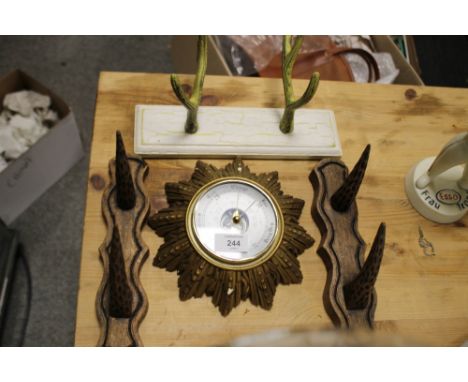 A SELECTION OF COAT HOOKS AND A BAROMETER (4)