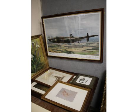 A LARGE FRAMED AND GLAZED RAF PRINT TOGETHER WITH A SELECTION OF ASSORTED PICTURES (5)