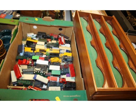 A TRAY OF TOY CARS TO INCLUDE CORGI EXAMPLES PLUS THREE DISPLAY SHELVES 