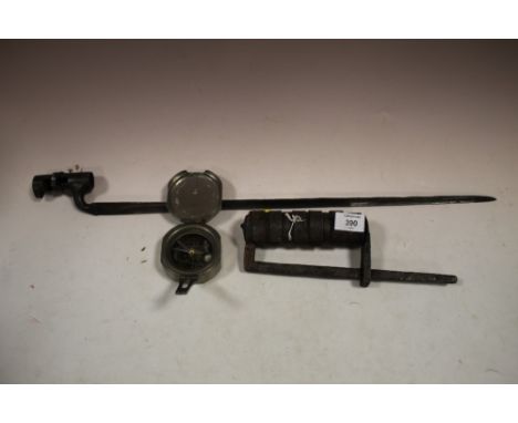 A 19TH BAYONET TOGETHER WITH AN INDIAN LOCK AND A SINE COMPASS (3)
