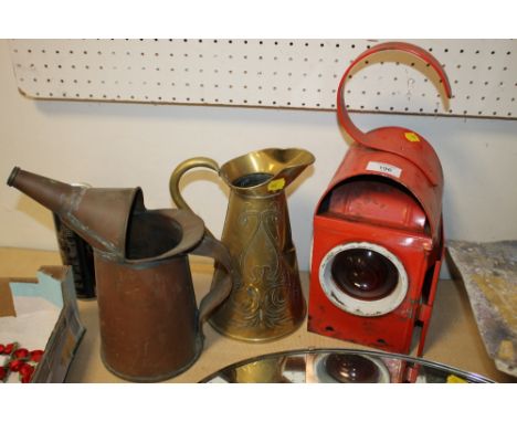 AN ART NOUVEAU BRASS JUG, ROAD LAMP ETC (3)
