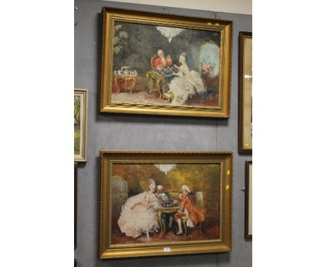 A PAIR OF SIGNED GILT FRAMED OIL ON CANVAS, DEPICTING FIGURES PLAYING DRAUGHTS AND CHESS SIGNED LOWER RIGHT
