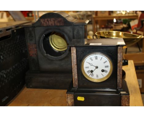 A SMALL SLATE MANTEL CLOCK TOGETHER WITH A SLATE MANTEL CLOCK MOUNT (2)