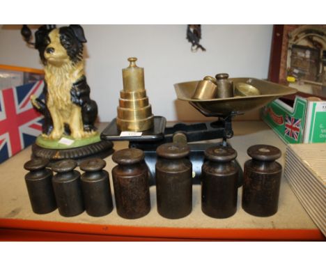 A CAST SET OF WEYLUX VINTAGE SCALES & A SELECTION OF WEIGHTS