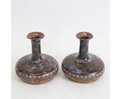 A pair of Chinese cloisonne enamel squat dragon vases, height 10cm 