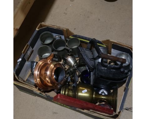 Various metalware and collectables, including Duplex brass oil lamp, pewter tankards etc (boxful) 