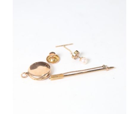 A 9ct gold arrow design tie pin, a 9ct gold locket, a 9ct gold stud etc, 7g 