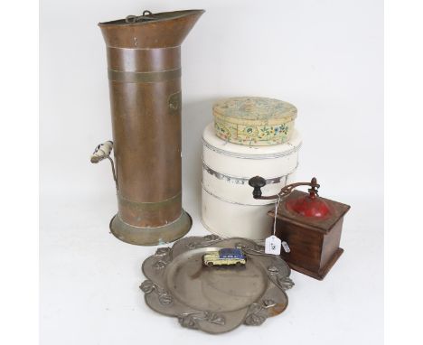 Coal scuttle, plate, car, coffee grinder and cake tins 