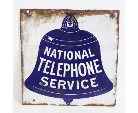 A Vintage blue and white enamel National Telephone Service double-sided advertising sign, 48cm x 48cm 