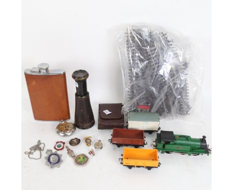 Hornby OO plastic railway items, a monocular, badges, pocket watch and hip flask 