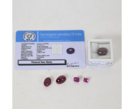 2 unmounted mixed-cut rubies, including 10ct oval cabochon star ruby, 1.53ct octagonal step-cut ruby etc, all with certificat