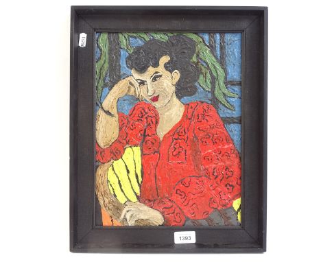 Carol Maddison, contemporary oil on board, impressionist portrait, signed, framed, overall 44cm x 35cm 