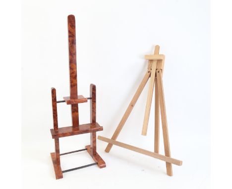 An amboyna wood table-top easel, and a modern pine folding easel, table-top height 60cm (2) 