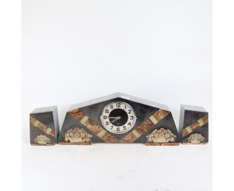 An Art Deco French onyx marble and slate 3-piece clock garniture, case height 24cm 