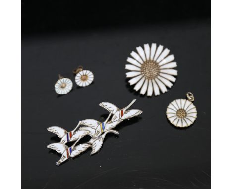 ERIK MAGNUSSEN - silver and white enamel Eneret brooch, a pair of white enamel and silver-gilt earrings pendant and brooch 