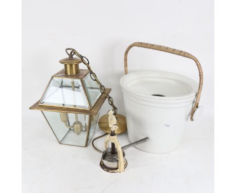 An Antique china pail, a German cast-iron orange squeezer, and a lantern with bevelled glass panels 