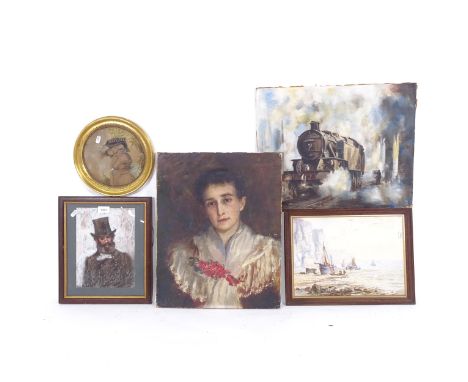 G A Bastow-Coultiss, oil on board, industrial locomotive, 19th century oil on canvas, female portrait, Hastings beach scene w