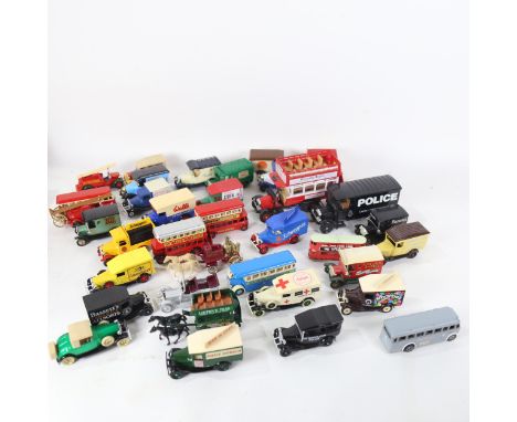 A box of diecast toy vehicles, including Corgi and Days Gone 