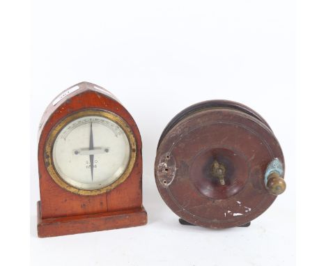 A large brass-mounted turned wood fishing reel, and a Vintage GPO galvanometer (2) 