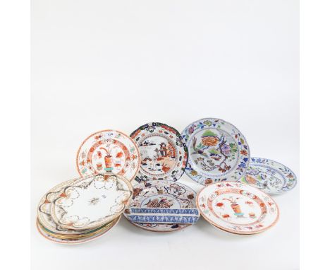 An 18th century English blue and white ceramic pen tray, and various porcelain plates 