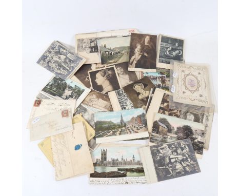 3 x 19th century handwritten letters, with Penny Red and Penny Black postage stamps, and various Vintage topographical postca