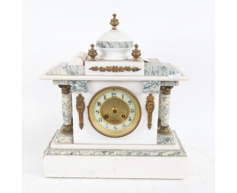A large French marble and white slate architectural 8-day mantel clock, by Maine of Jersey, case height 36cm 
