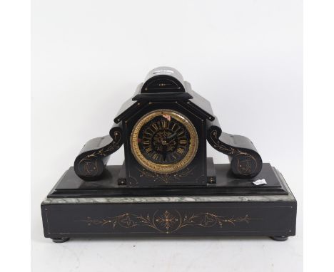 A large gilded black slate and marble 30-hour mantel clock, case height 31cm 