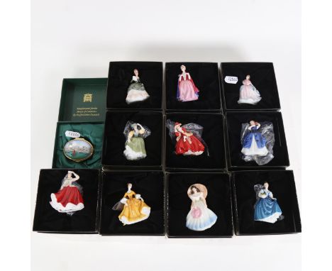 10 Royal Doulton miniature porcelain lady figures, boxed, and Staffordshire enamel pillbox 