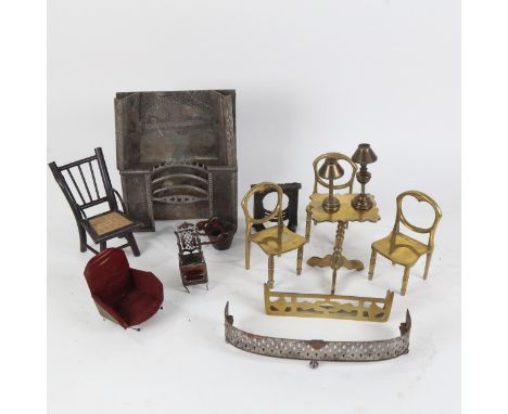 Vintage doll's house furniture, including a pair of brass chairs, height 9.5cm, a steel fire etc 