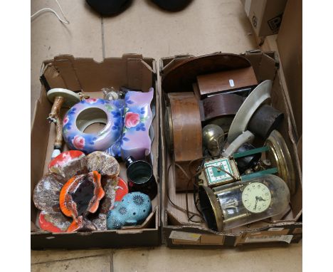 A box of various clocks, and ceramic clock case etc 