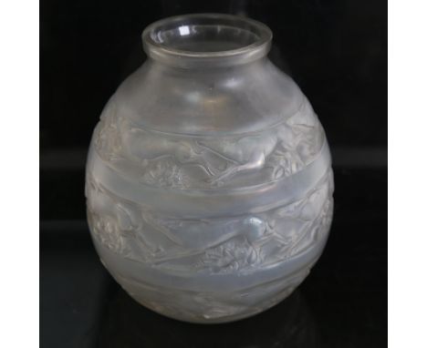 R LALIQUE - opalescent glass Sudan pattern vase, etched signature on base, height 18cm 