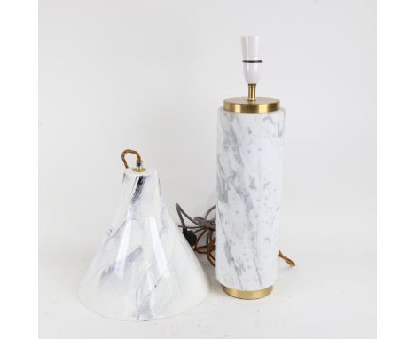 Modern veined white marble cylinder table lamp, and a similar ceramic pendant light fitting, lamp height 48cm (2) 
