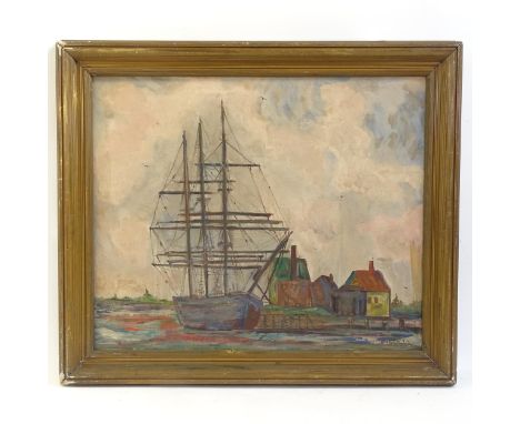 Roger Hall (1914 - 2005), oil on canvas, 3-masted sailing ship in a boatyard, signed, 62cm x 75cm, framedSmall hole on the ca