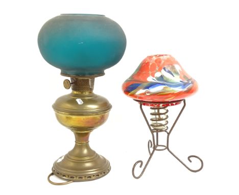 Aladdin model 2 brass oil lamp, with green glass shade, and another Vintage oil lamp (2)