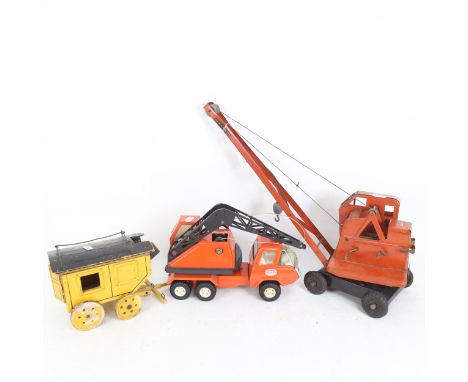 A Vintage Tri-ang toy crane, a Tonka lorry with crane, and a painted wooden wagon 