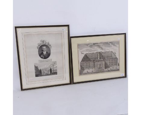 An 18th century monochrome engraving, a study of Guys Hospital For Incurables, framed, overall 50cm x 62cm, and an 18th centu