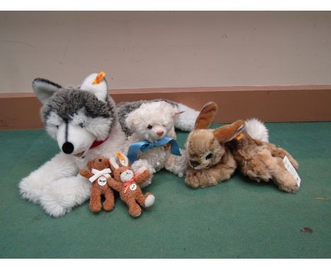 A collection of Steiff Soft filled toys to include 'Bernie' husky, 'Dormili' rabbit, 'George' 2013 Royal Baby Commemorative t