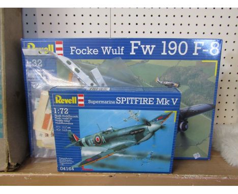 Two boxed Revell plastic model kits to including 1:32 scale Focke Wulf FW 190 ad 1:72 scale Spitfire MK V