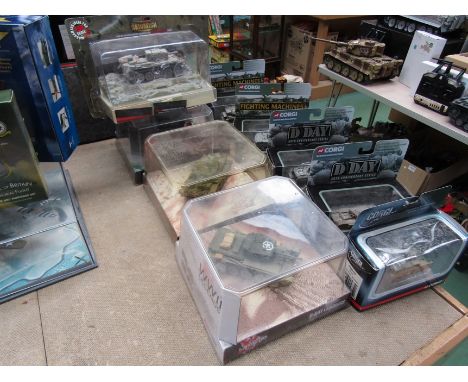 Assorted boxed/cased Corgi diecast military vehicles including WWII Legends, Skirmish, D-Day 60th Anniversary, Fighting Machi